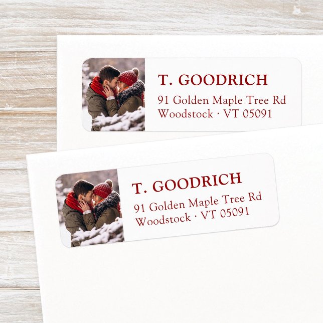 Stylish Custom Christmas Photo Red Return Address Label (Simple, elegant custom photo Christmas return address label template with red classic typography.)