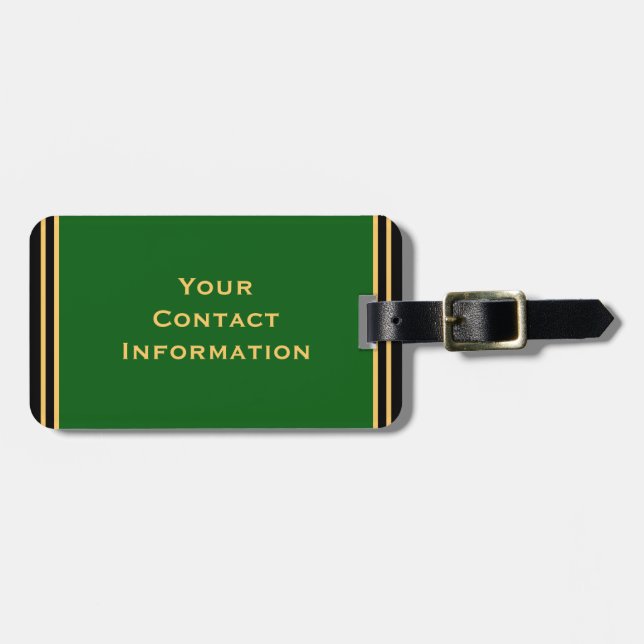 Stylish Custom Green Bag Tag Gold Lettering Stripe (Front Horizontal)