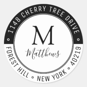 Stylish Custom Monogram Last Name & Return Address Classic Round Sticker