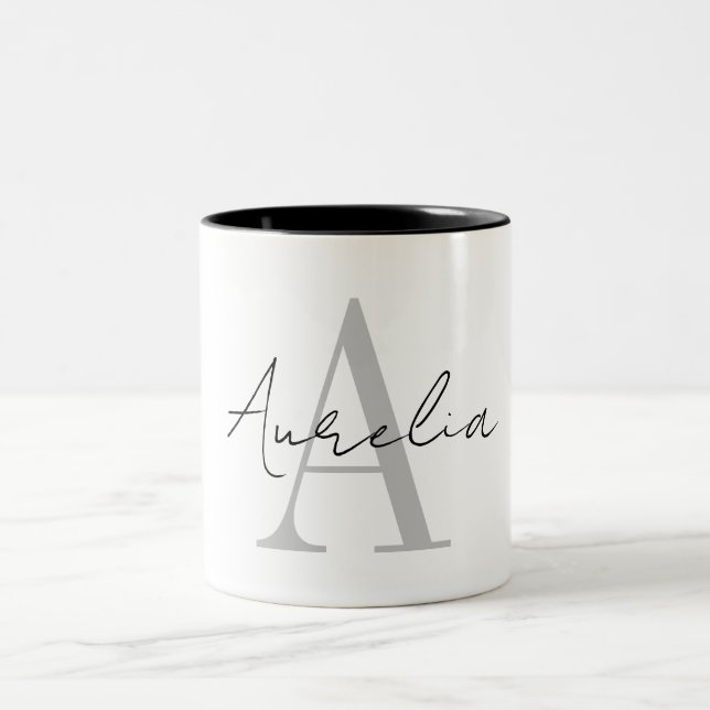 Stylish Custom Monogram Name Script Calligraph Two-Tone Coffee Mug (Center)