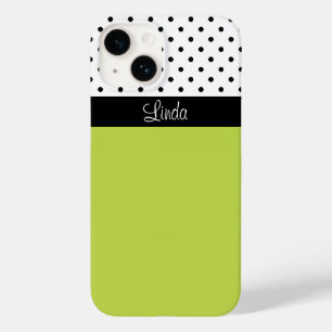 Stylish Custom Name Green, White Black Polka Dots Case-Mate iPhone 14 Case