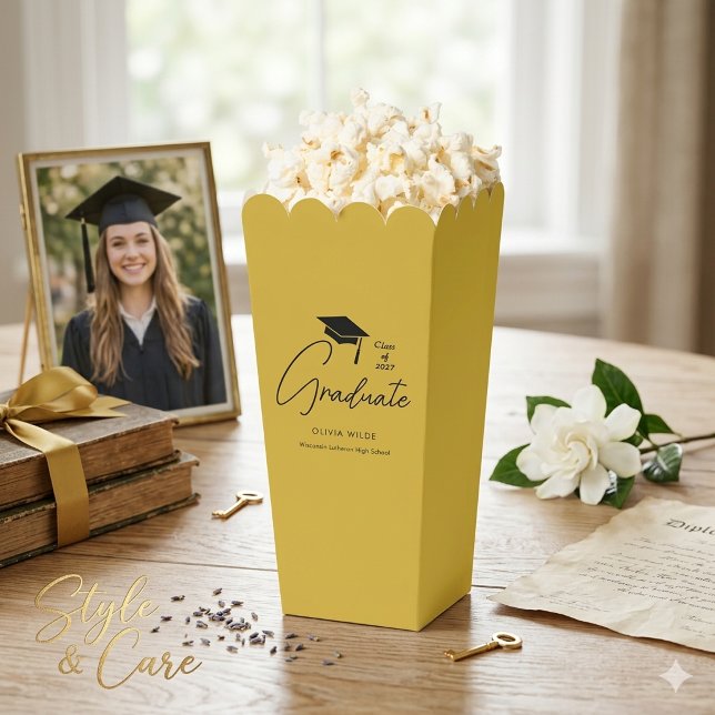 Stylish Custom Script Graduation M Gold Popcorn Favour Box (Stylish Custom Script Graduation M Gold Popcorn Favor Boxes)
