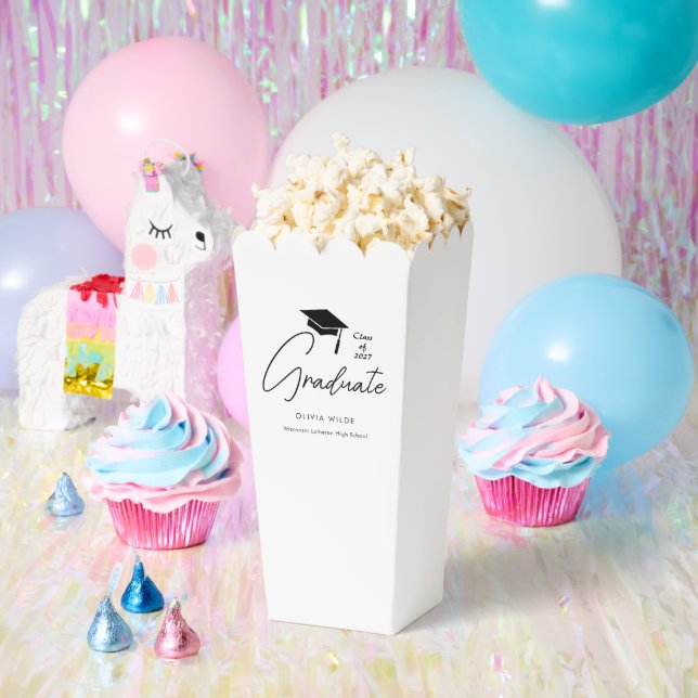 Stylish Custom Script Graduation White Popcorn Favour Box (Party)