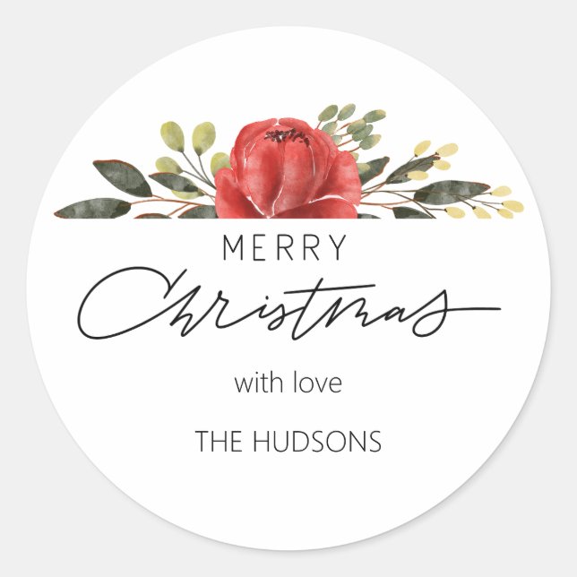 Stylish Custom Semi Floral Merry Christmas Gift Classic Round Sticker (Front)