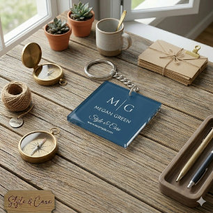 Stylish Custom Text Name and Brand Display Navy Key Ring