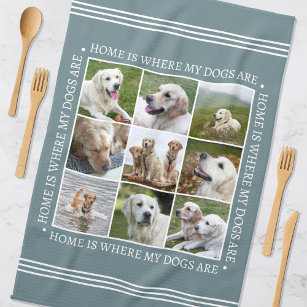 Stylish Custom Text Photo Collage Dogs Grey White Tea Towel