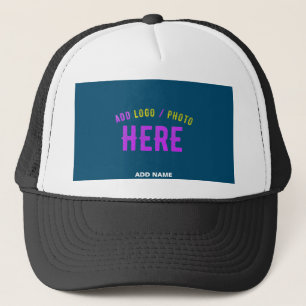 STYLISH CUSTOM WHITE BLACK PRUSSIAN BLUE BRANDED TRUCKER HAT
