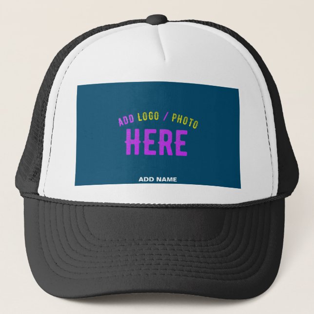 STYLISH CUSTOM WHITE BLACK PRUSSIAN BLUE BRANDED TRUCKER HAT (Front)