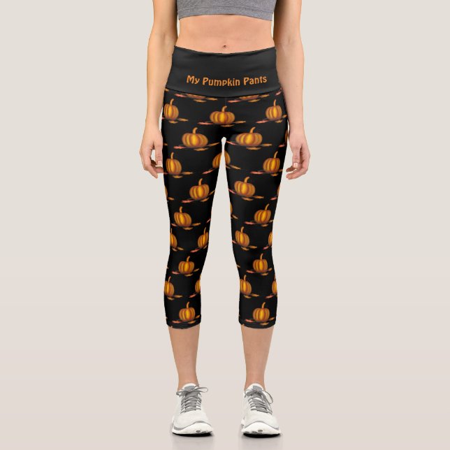 Stylish | Customisable | Black | PUMPKIN Capri Leggings (Front)