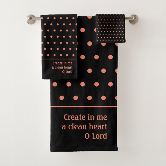 Stylish Customisable SALMON Polka Dot Black Bath Towel Set (Insitu)