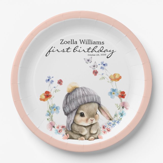 Stylish Cute Bunny Colorful Flower Party Plate (Front)