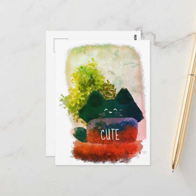 Stylish Cute Cartoon Hidden Fluffy Cat Postcard (Front/Back In Situ)