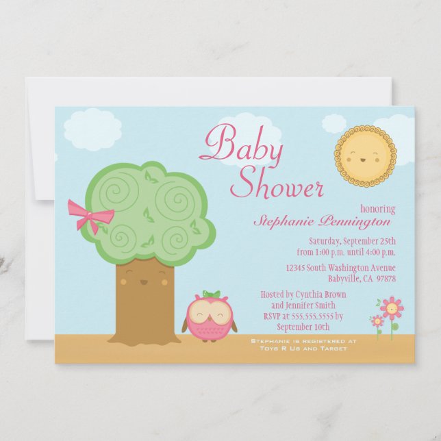 Stylish cute kawaii tree owl baby shower invite (Front)