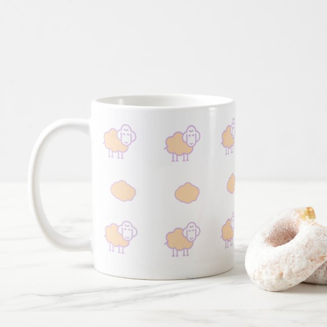 Stylish Cute Pink Sheep With Clouds Pattern Coffee Mug (With Donut)