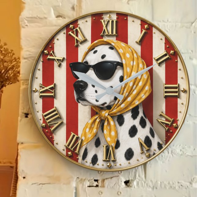 Stylish Dalmatian with Sunglasses Polka Dot Scarf  Large Clock (Creator Uploaded)