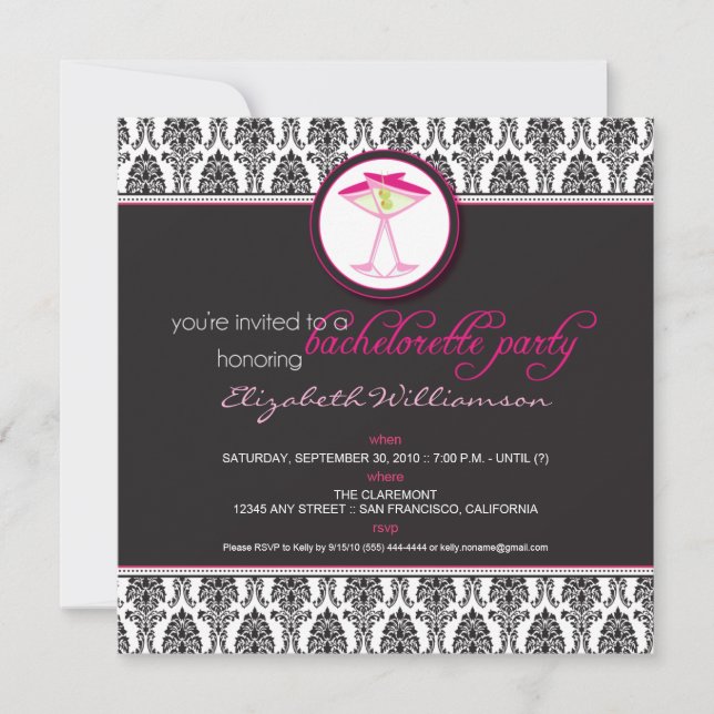 Stylish Damask Bachelorette Invite (pink) (Front)