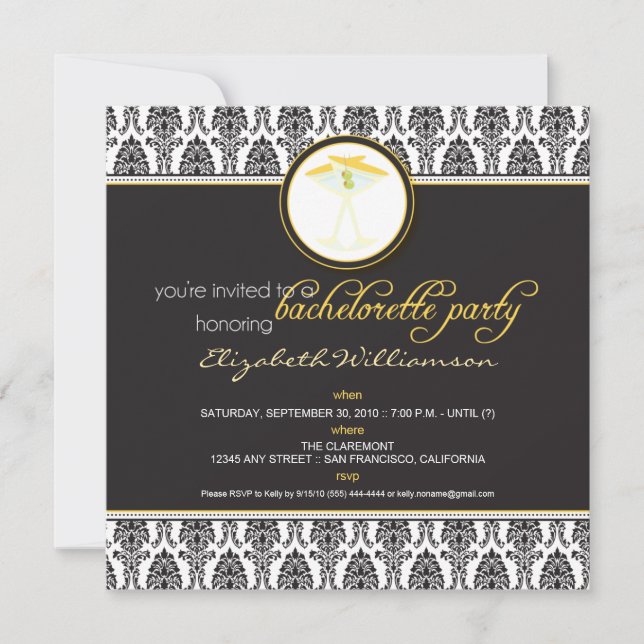 Stylish Damask Bachelorette Invite (yellow) (Front)
