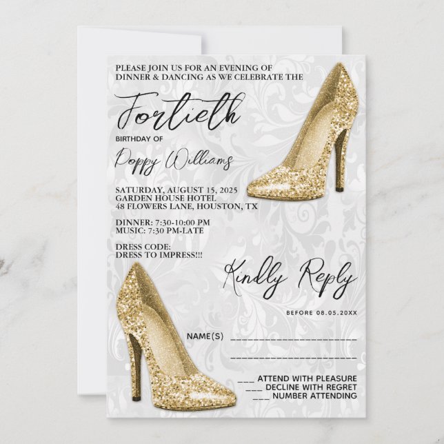 Stylish Damask, Champagne Stilettos 40th Birthday Invitation (Front)