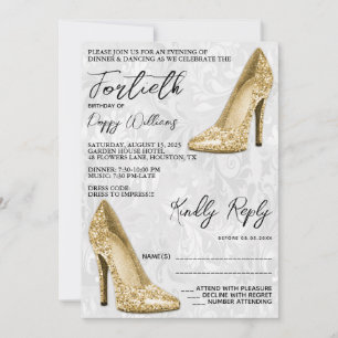 Stylish Damask, Champagne Stilettos 40th Birthday Invitation