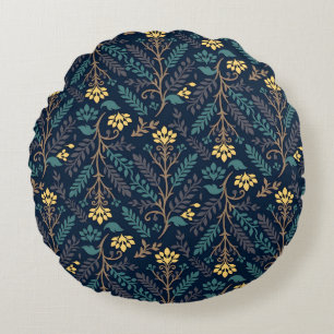 Stylish Dark Blue Fabric Pattern with Floral  Round Cushion