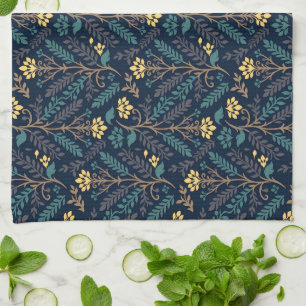 Stylish Dark Blue Fabric Pattern with Floral Tea Towel