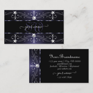 Stylish Dark Blue White Ornate Borders Monogram Business Card