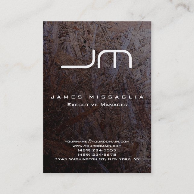 Stylish Dark Brown Wood White Monogram Business Card (Front)