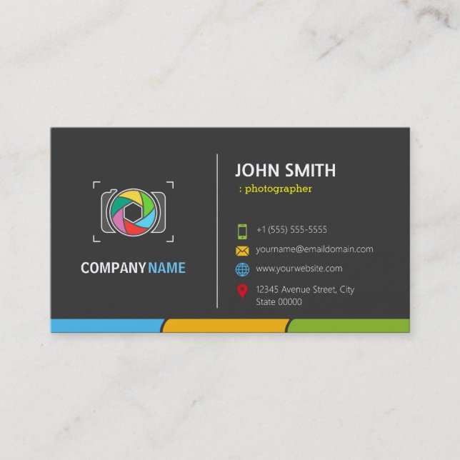 Stylish Dark Colourful Camera Symbol Business Card (Front)