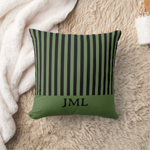 Stylish Dark Green and Black Stripes Monogram Cushion