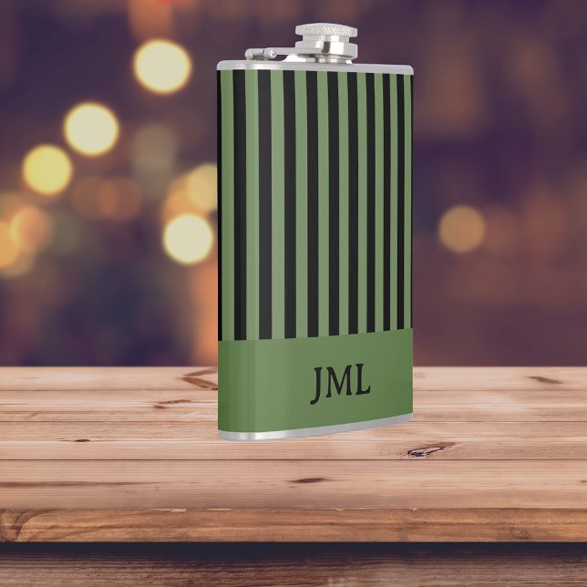 Stylish Dark Green and Black Stripes Monogram  Hip Flask (Creator Uploaded)