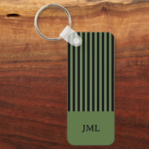 Stylish Dark Green and Black Stripes Monogram Key Ring