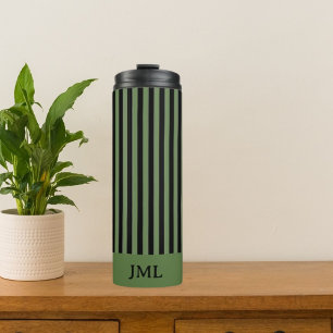 Stylish Dark Green and Black Stripes Monogram  Thermal Tumbler