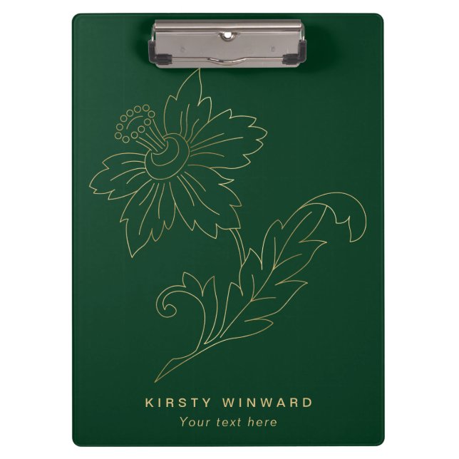 Stylish Dark Green and Gold Botanical Flower Clipboard (Front)