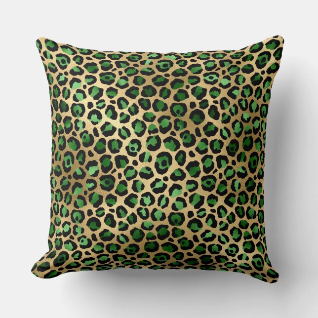 Stylish Dark Green and Gold Foil Leopard Spots Cushion (Front)