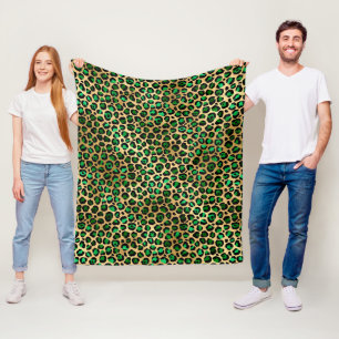 Stylish Dark Green and Gold Foil Leopard Spots Fleece Blanket