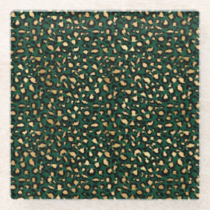 Stylish Dark Green and Gold Foil Leopard Spots Glass Coaster