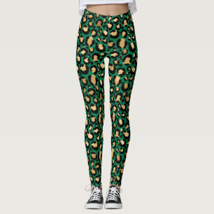 Stylish Dark Green and Gold Foil Leopard Spots Leggings