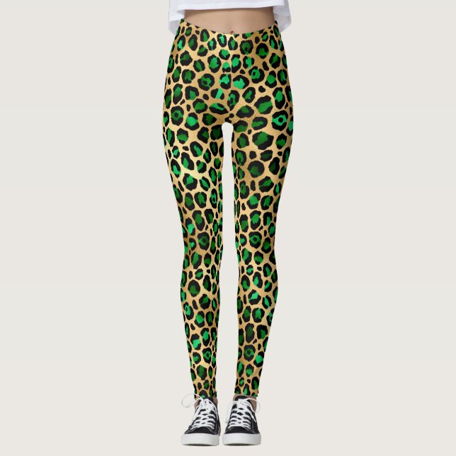 Stylish Dark Green and Gold Foil Leopard Spots Leggings (Front)