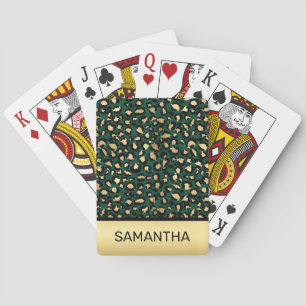 Stylish Dark Green and Gold Foil Leopard Spots Playing Cards
