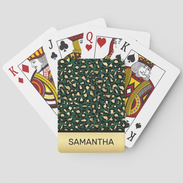 Stylish Dark Green and Gold Foil Leopard Spots Playing Cards (Back)