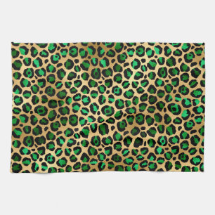 Stylish Dark Green and Gold Foil Leopard Spots Tea Towel