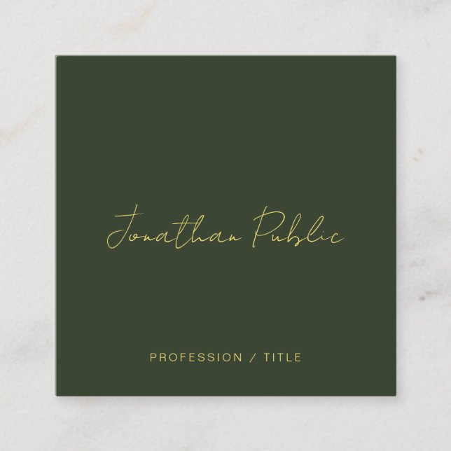 Stylish Dark Green Calligraphy Gold Text Trendy Square Business Card (Front)