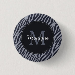 Stylish Dark Grey Zebra Print Monogram and Name 3 Cm Round Badge