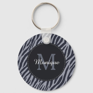 Stylish Dark Grey Zebra Print Monogram and Name Key Ring
