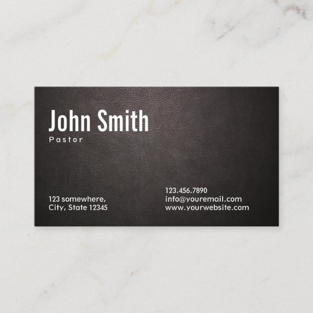 Stylish Dark Leather Pastor Business Card (Front)