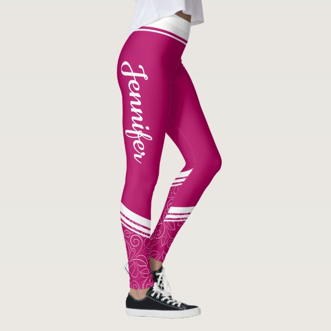 Stylish dark magenta floral white stripes and name leggings (Right)