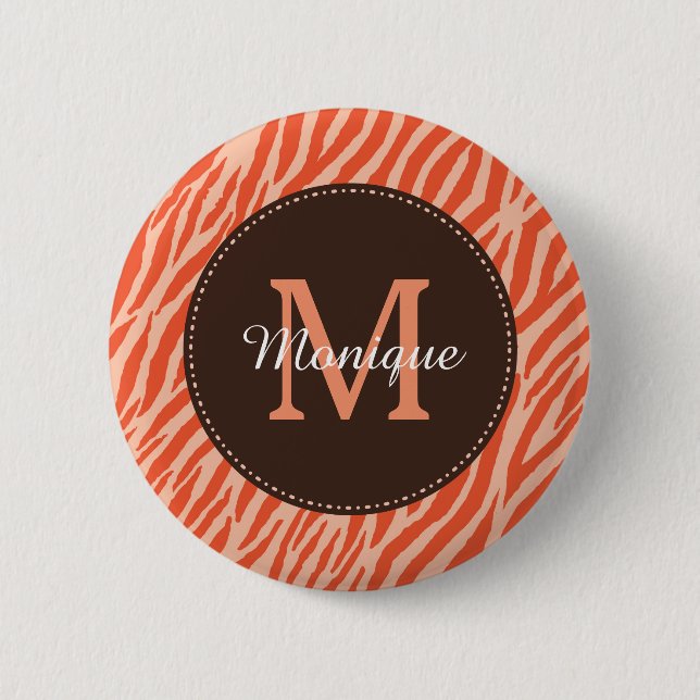 Stylish Dark Orange Zebra Print Monogram and Name 6 Cm Round Badge (Front)
