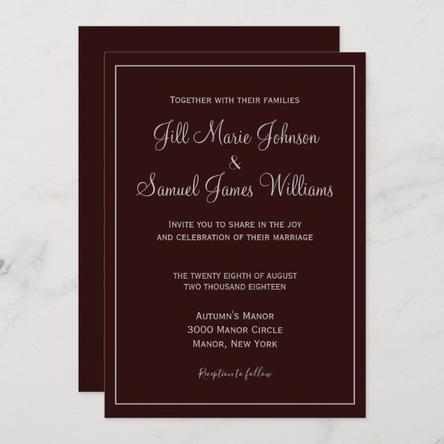Stylish Dark Plum and Grey Wedding Invitation (Front/Back)