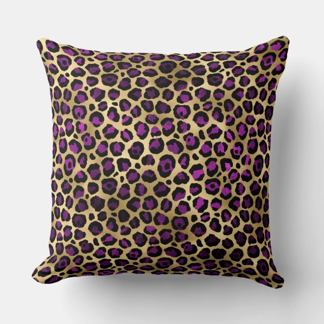 Stylish Dark Purple and Gold Foil Leopard Spots Cushion (Front)