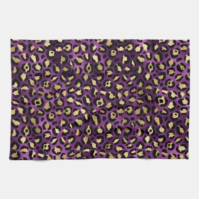 Stylish Dark Purple and Gold Foil Leopard Spots Tea Towel (Horizontal)